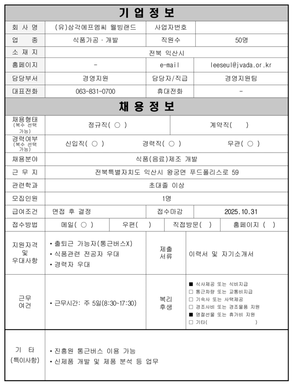 [입주기업 채용공고 제25-16호] (유)삼각에프엠씨 웰빙랜드(채용직무-식품연구개발)