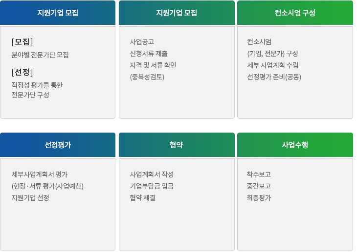 1.지원기업 모집: 모집-분야별 전문가단 모집, 선정-적정성 평가를 통한 전문가단 구성. 2. 지원기업 모집: 사업공고, 신청서류 제출, 자격 및 서류 확인(중복성 검토) 3. 컨소시업 구성: 컨소시업, (기업, 전문가) 구성, 세부 사업계획 수립, 선정평가 준비(공동). 4. 선정평가: 세부사업계획서 평가, (현장·서류 평가(사업예산)), 지원기업 선정 5. 협약: 사업계획서 작성, 기업부담금 입급, 협약 체결. 6. 사업수행: 착수보고, 중간보고, 최종평가